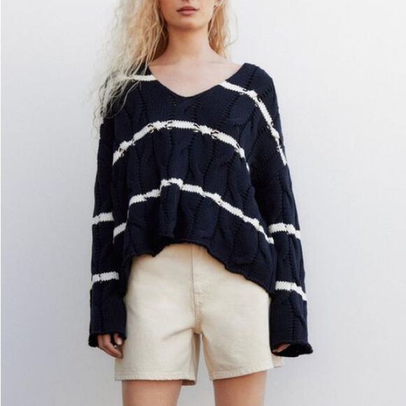 Zara - Striped Cropped Cable Knit Sweater - size L - Picture 2 of 10